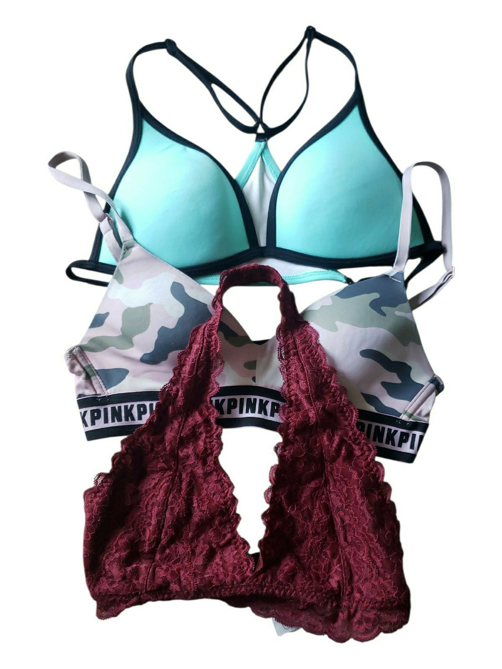PINK Victoria's Secret Aqua Triangle Bralette + Camo & Gilly H Burgundy Lace Set